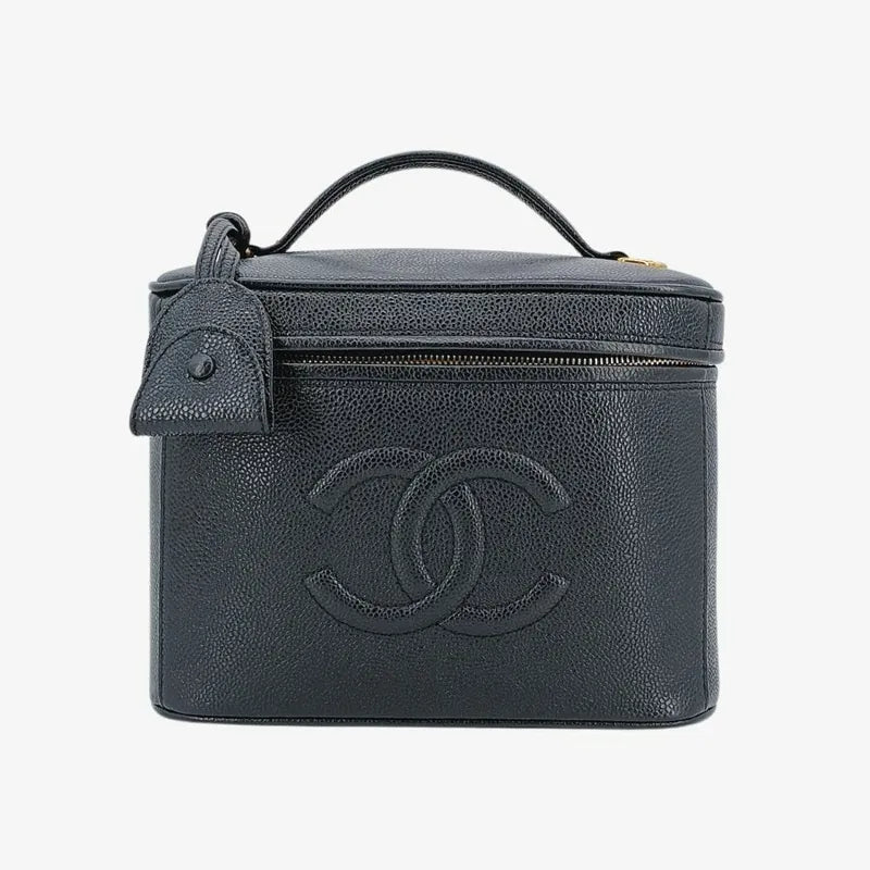 JS502 - CHANEL Vintage Black Caviar Embossed Logo Cosmetic Bag