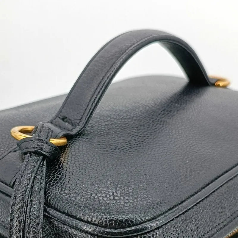 JS502 - CHANEL Vintage Black Caviar Embossed Logo Cosmetic Bag