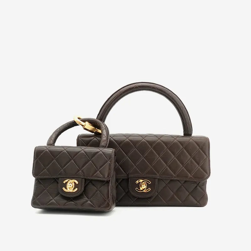 C142 - CHANEL Vintage Brown Lambskin Qulited Handle Bag Set