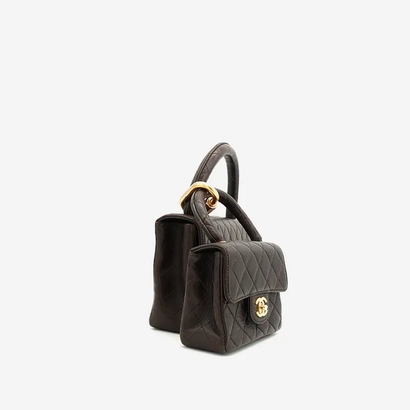 C142 - CHANEL Vintage Brown Lambskin Qulited Handle Bag Set