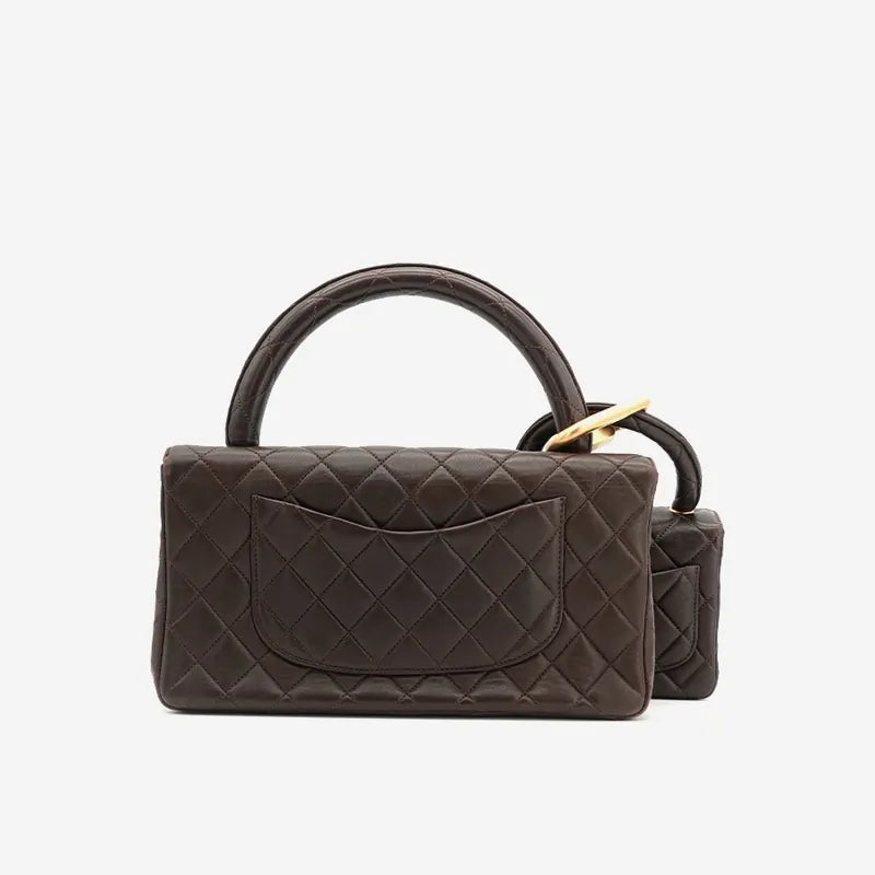 C142 - CHANEL Vintage Brown Lambskin Qulited Handle Bag Set