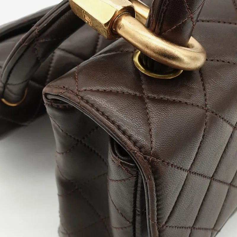 C142 - CHANEL Vintage Brown Lambskin Qulited Handle Bag Set