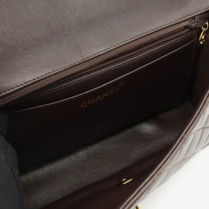 C142 - CHANEL Vintage Brown Lambskin Qulited Handle Bag Set