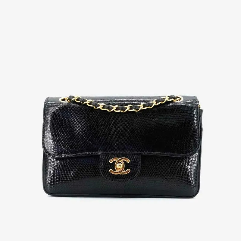 JQ960 - CHANEL Vintage Black Lizard Skin 23cm Classic Flap Bag