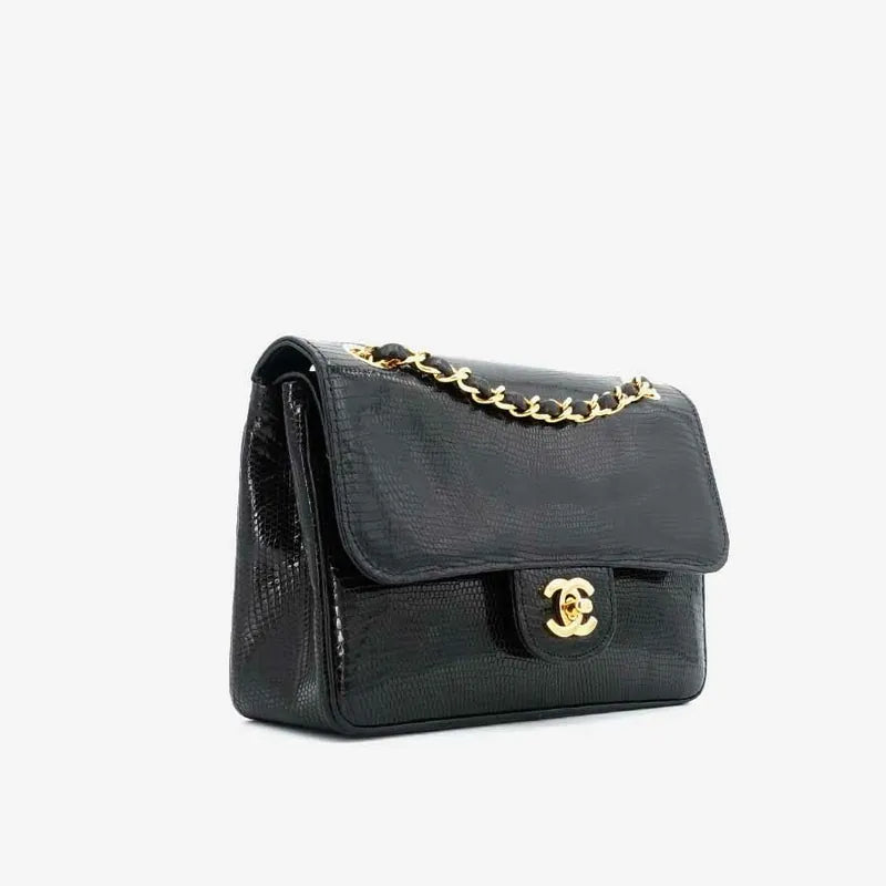 JQ960 - CHANEL Vintage Black Lizard Skin 23cm Classic Flap Bag