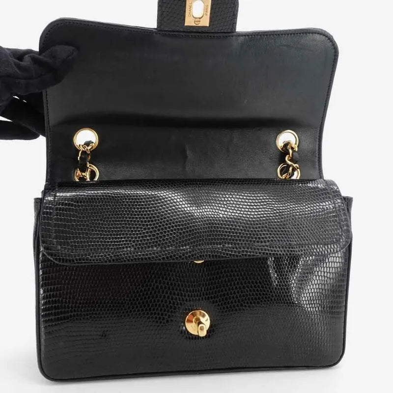 JQ960 - CHANEL Vintage Black Lizard Skin 23cm Classic Flap Bag