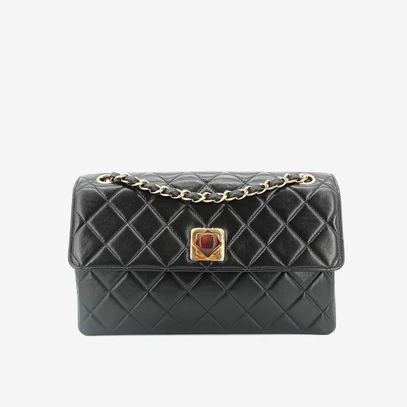 JQ455 - CHANEL Vintage Black Lambskin Shoulder Flap Bag