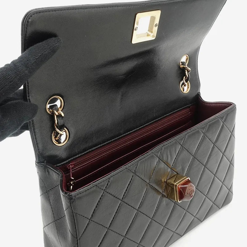 JQ455 - CHANEL Vintage Black Lambskin Shoulder Flap Bag