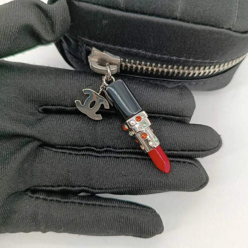 RA350 - CHANEL Black Satin Chocolate Bar Lipstick Charm Pouch