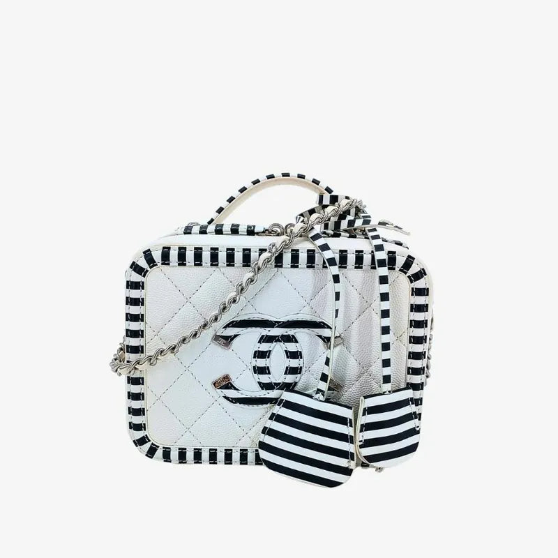 JAH168 - CHANEL Bicolor White/Black Caviar Leather Vanity Case Bag