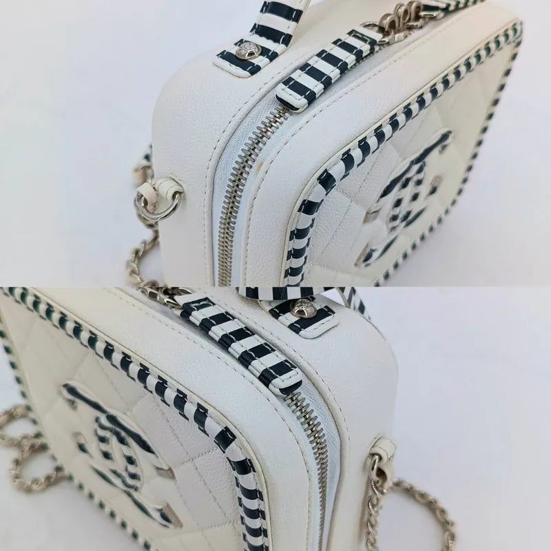JAH168 - CHANEL Bicolor White/Black Caviar Leather Vanity Case Bag