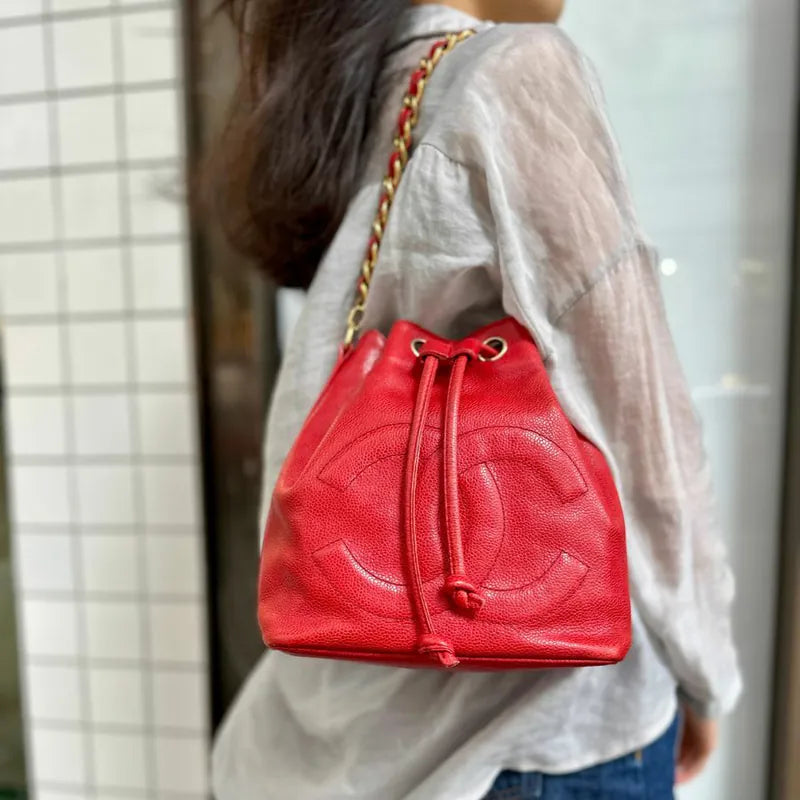 C464 - CHANEL Vintage Red Caviar Leather Bucket Bag