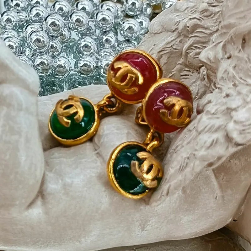 C421 - CHANEL Vintage Red/Green Glass Crystal Clip-On Earrings