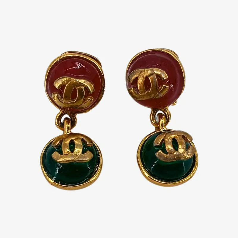 C421 - CHANEL Vintage Red/Green Glass Crystal Clip-On Earrings