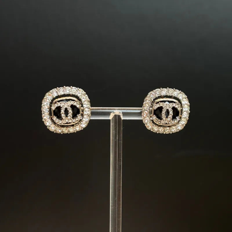 C605 - CHANEL Black Crystal Square CC Logo Earrings