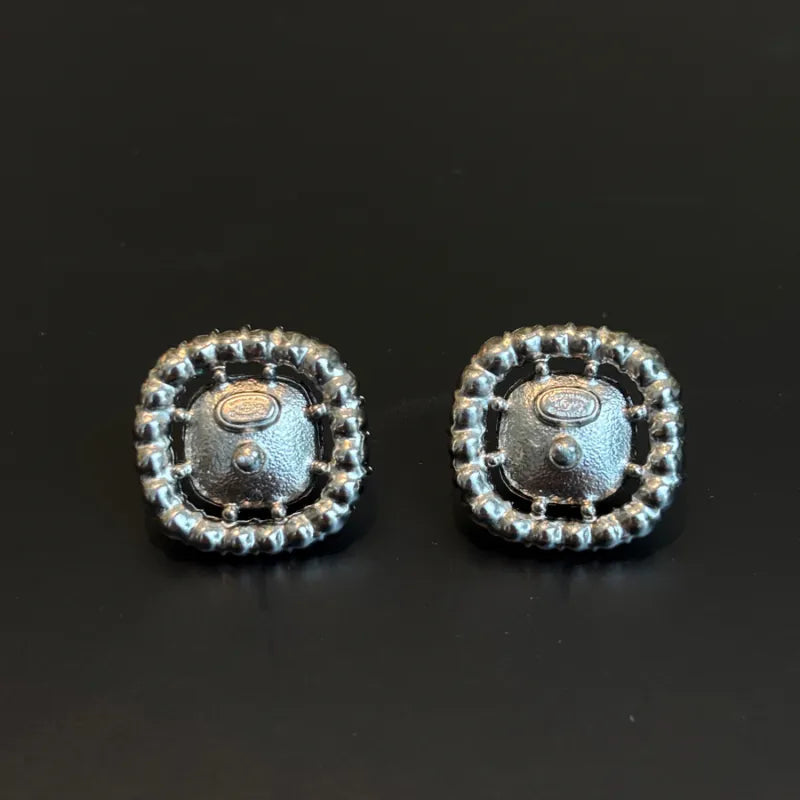 C605 - CHANEL Black Crystal Square CC Logo Earrings