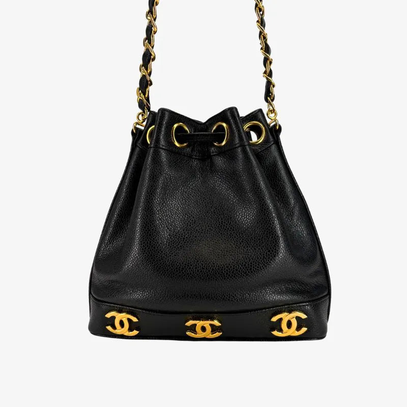 JW675 - CHANEL Vintage Black Caviar Leather Golden Ball Bucket Bag