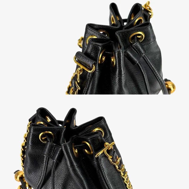 JW675 - CHANEL Vintage Black Caviar Leather Golden Ball Bucket Bag