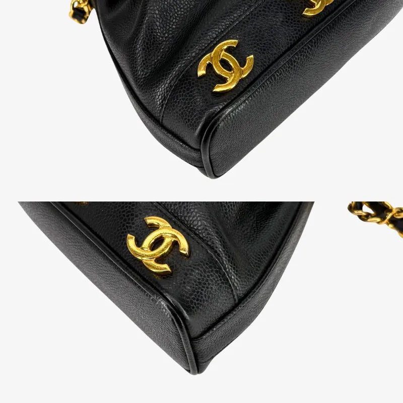 JW675 - CHANEL Vintage Black Caviar Leather Golden Ball Bucket Bag