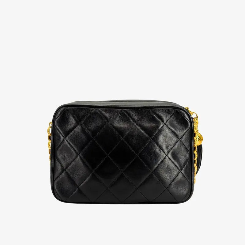 RG015 - CHANEL Vintage Black Lambskin Tassels Gold Chain Camera Bag