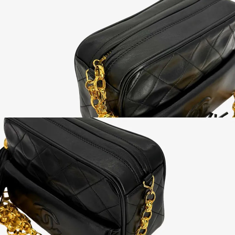 RG015 - CHANEL Vintage Black Lambskin Tassels Gold Chain Camera Bag