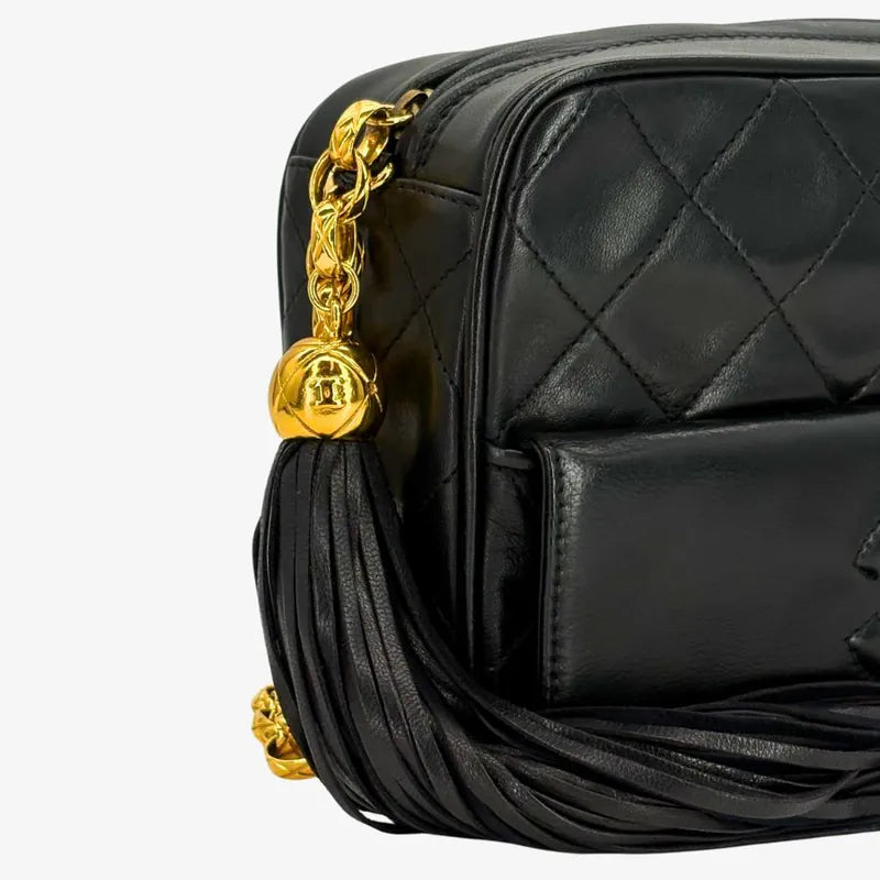 RG015 - CHANEL Vintage Black Lambskin Tassels Gold Chain Camera Bag