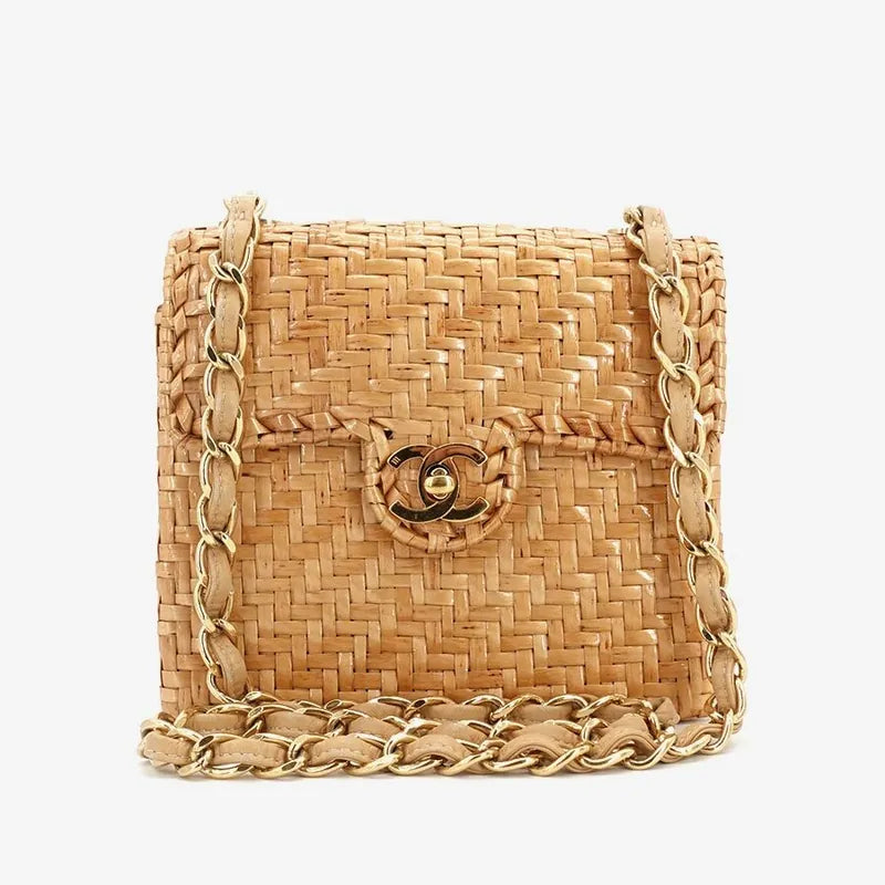 JR919 - CHANEL Vintage Brown Rattan 17cm Mini Square Flap Bag