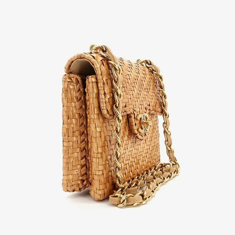 JR919 - CHANEL Vintage Brown Rattan 17cm Mini Square Flap Bag