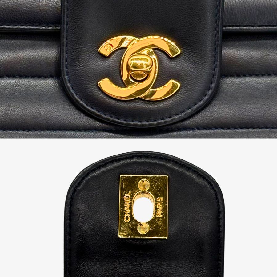KA748 - CHANEL Vintage Navy Lambskin Horizontal Stripes Flap Bag