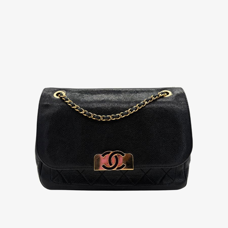 JAH220 - Chanel Vintage Black Caviar Leather Flap Bag