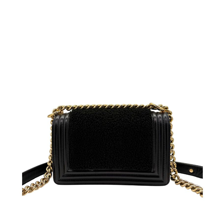 CS063 - CHANEL Boy Black Shearling Leather &amp; Calfskin 20cm Flap Bag