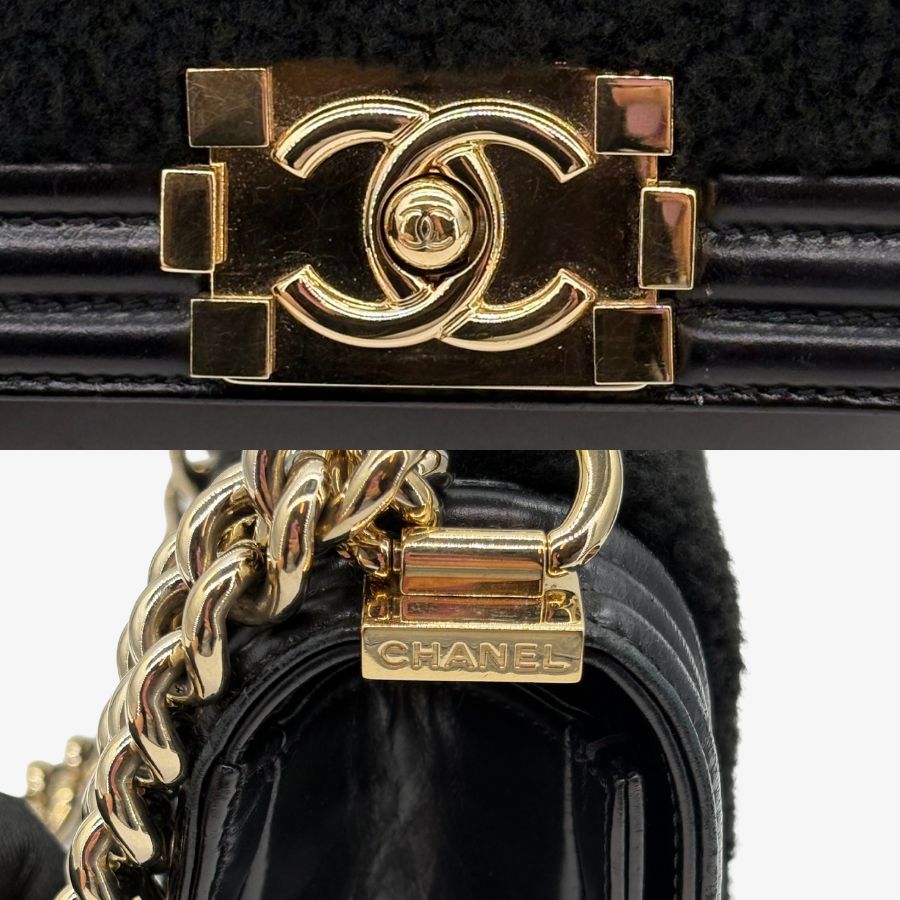 CS063 - CHANEL Boy Black Shearling Leather &amp; Calfskin 20cm Flap Bag