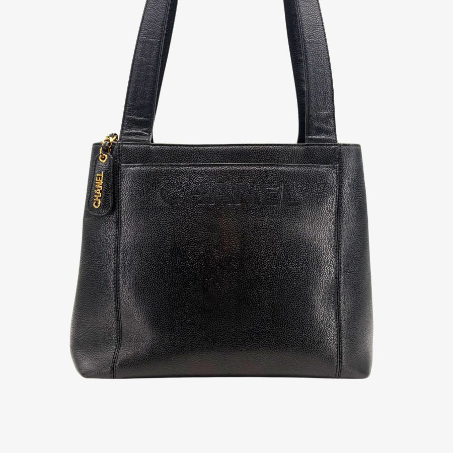 CS066 - CHANEL Vintage Black Caviar Leather Embroidered Logo Tote Bag
