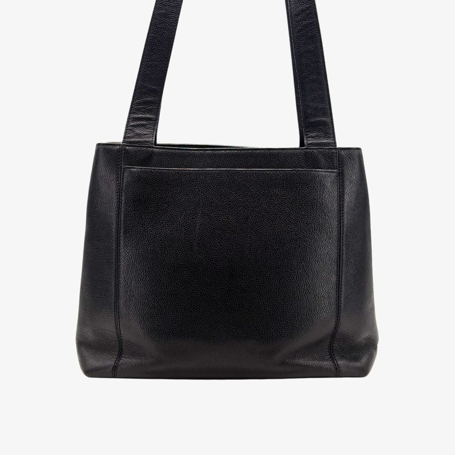 CS066 - CHANEL Vintage Black Caviar Leather Embroidered Logo Tote Bag