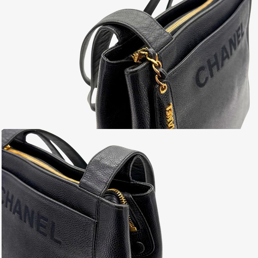 CS066 - CHANEL Vintage Black Caviar Leather Embroidered Logo Tote Bag