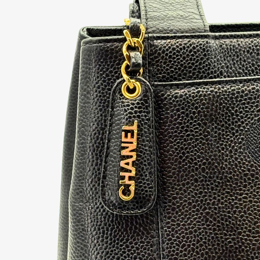 CS066 - CHANEL Vintage Black Caviar Leather Embroidered Logo Tote Bag