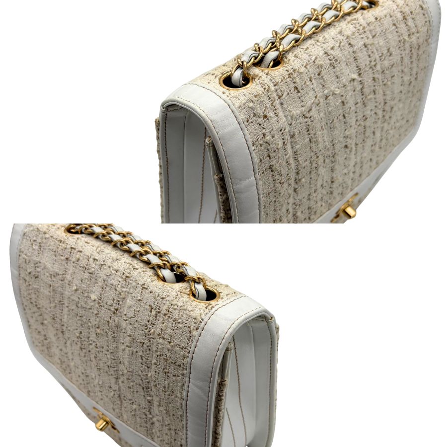 CS068 - CHANEL Vintage White/Beige Tweed Square Flap Bag