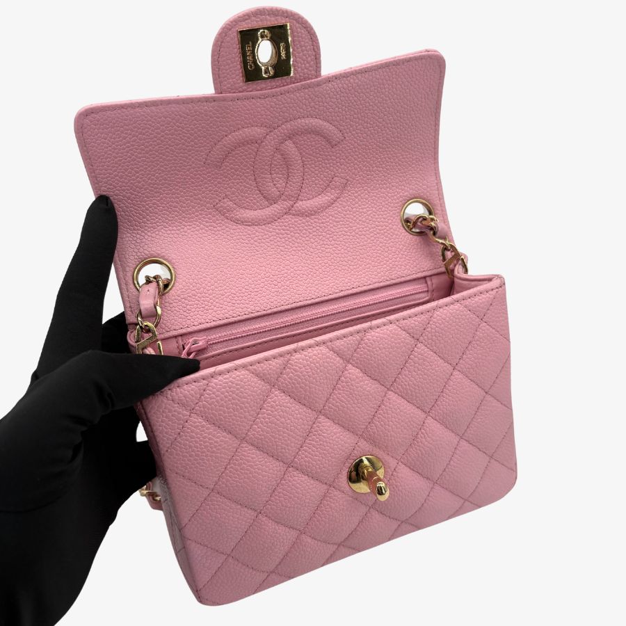 CS072 - CHANEL Vintage Pink Caviar Leather 17cm Mini Square Flap Bag