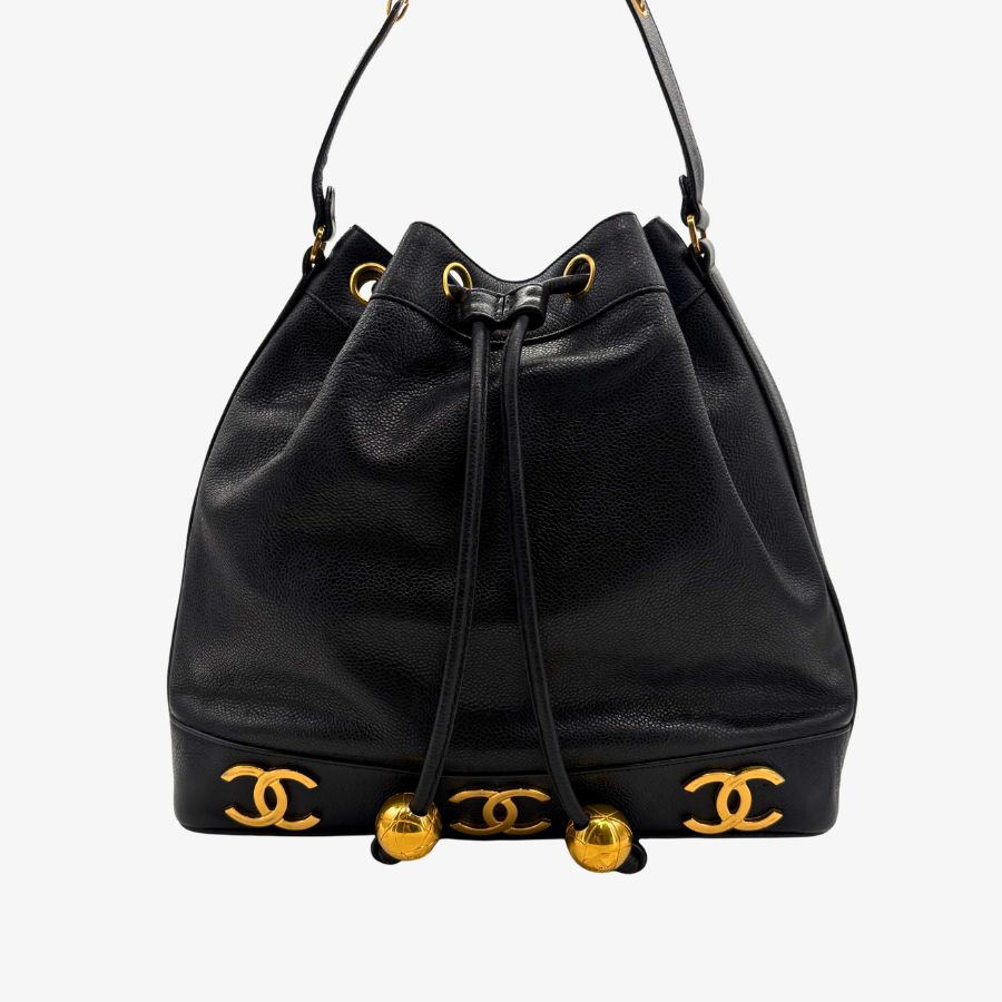 CS074 - CHANEL Vintage Black Caviar Leather Gold Ball Bucket Bag