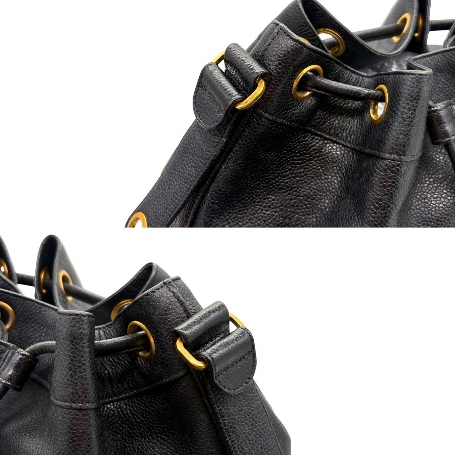 CS074 - CHANEL Vintage Black Caviar Leather Gold Ball Bucket Bag