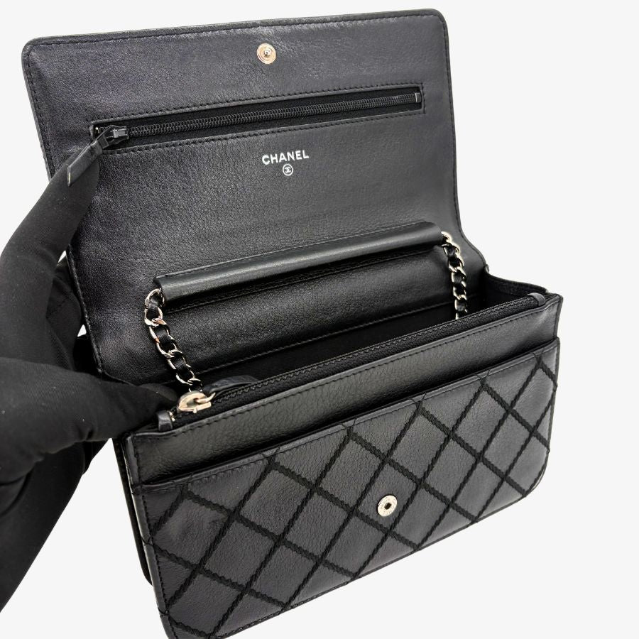 RG707 - CHANEL Black Lambskin Wild Stitch Wallet on Chain