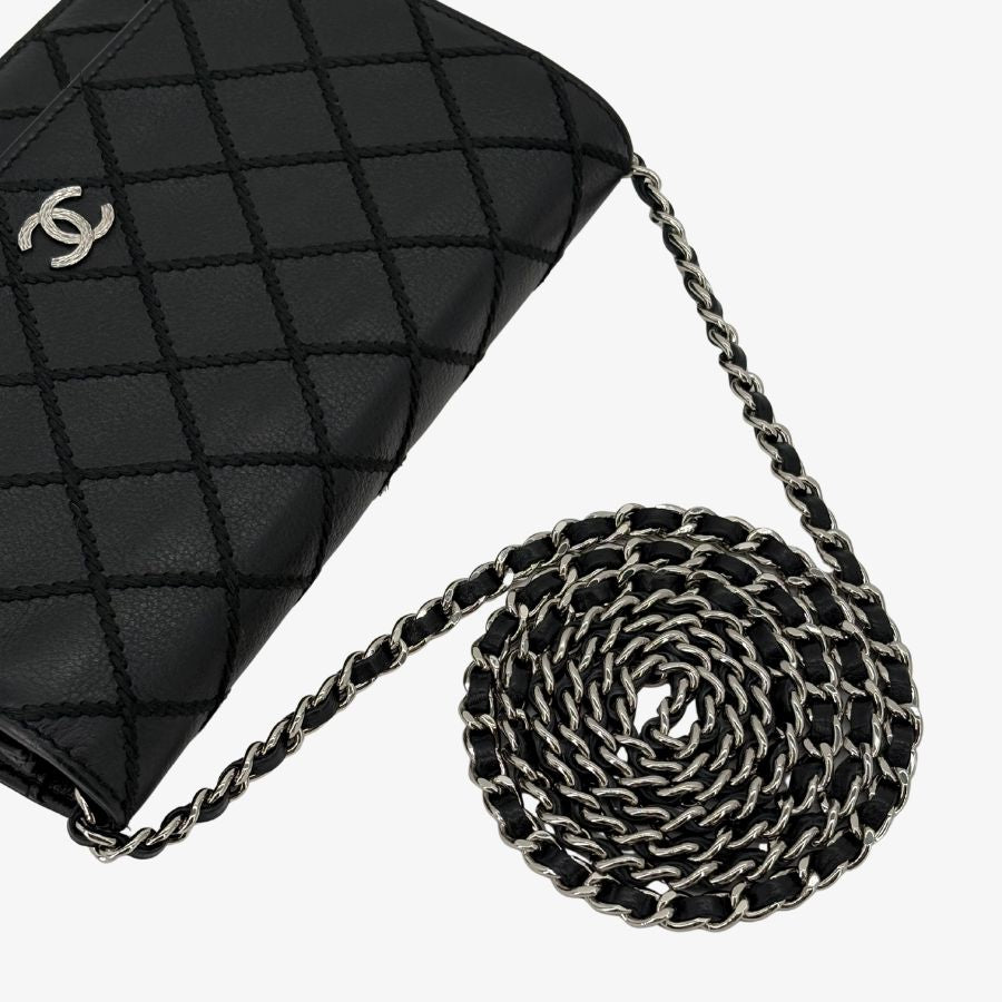 RG707 - CHANEL Black Lambskin Wild Stitch Wallet on Chain