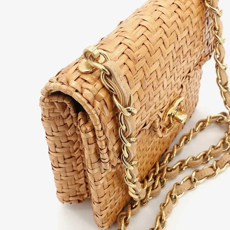 JR919 - CHANEL Vintage Brown Rattan 17cm Mini Square Flap Bag