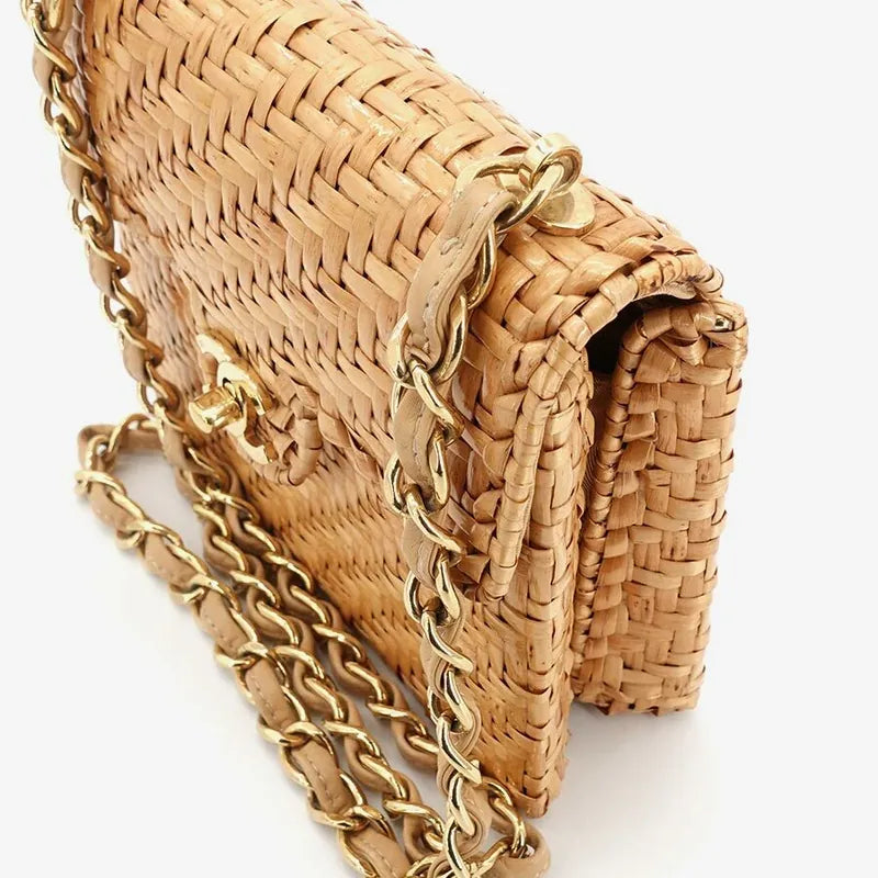 JR919 - CHANEL Vintage Brown Rattan 17cm Mini Square Flap Bag