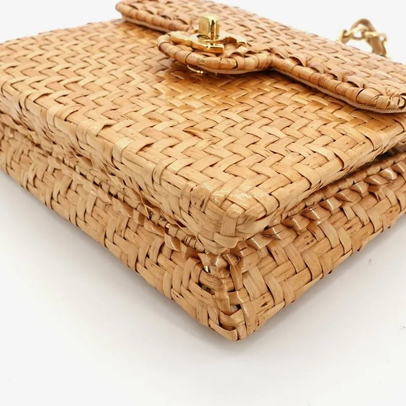 JR919 - CHANEL Vintage Brown Rattan 17cm Mini Square Flap Bag