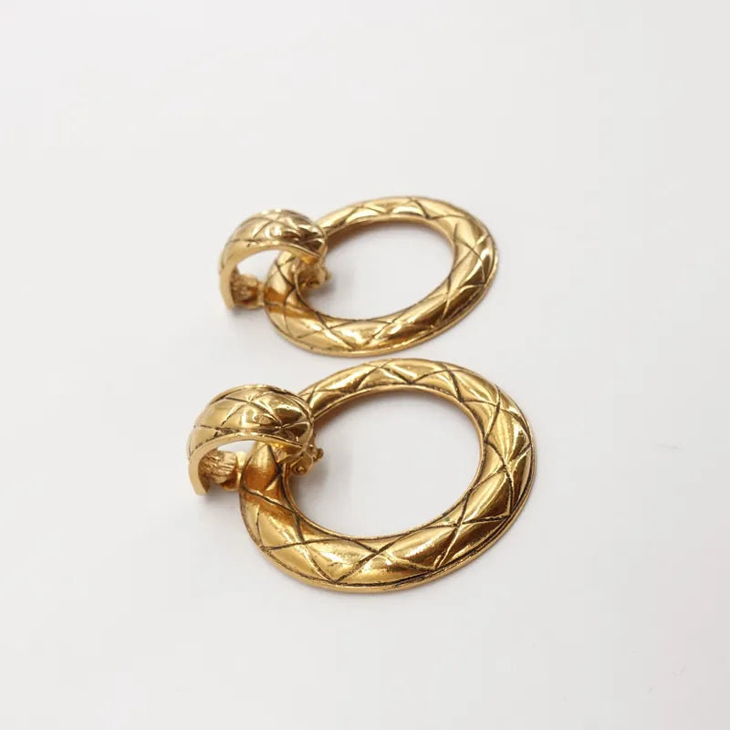 JR881 - CHANEL Vintage Gold Tone Quilted Large Hoop Plated Clip-On Earrings