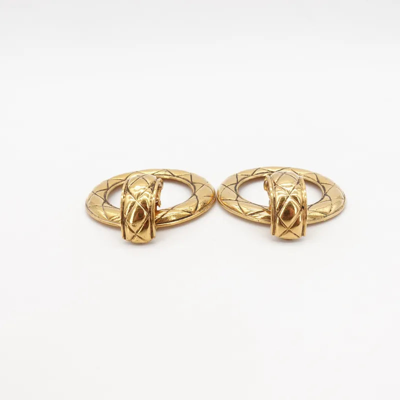 JR881 - CHANEL Vintage Gold Tone Quilted Large Hoop Plated Clip-On Earrings