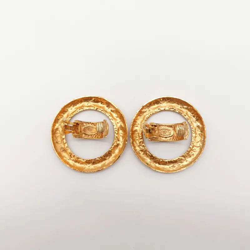 JR881 - CHANEL Vintage Gold Tone Quilted Large Hoop Plated Clip-On Earrings