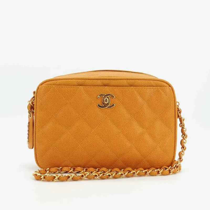 JR782 - CHANEL Vintage Orange Caviar Leather Quilted Camera Bag