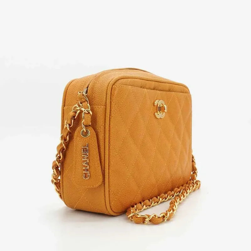 JR782 - CHANEL Vintage Orange Caviar Leather Quilted Camera Bag